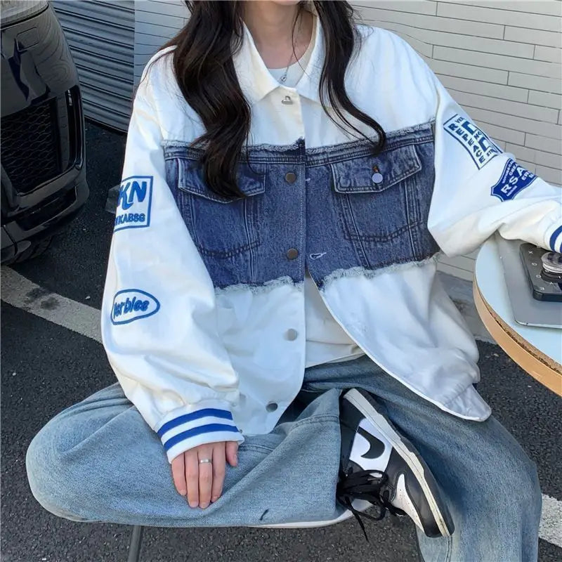 Denim Jacket Embroidered Baseball Uniforms Bomber Jackets Streetwear Harajuku Y2k Tops Trench Coats Hip Hop Long Sleeve Coats