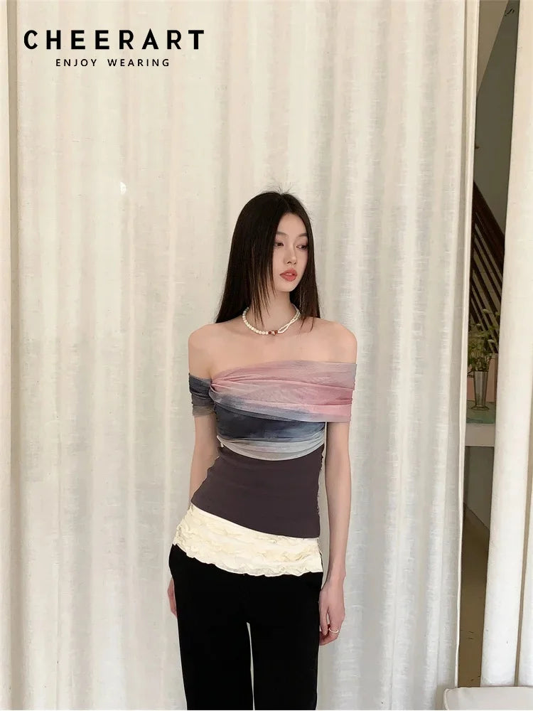 CHEERART Tie Dye Off The Shoulder Mesh Top For Women One Shoulder Designer Crop Top Fashion T Shirt Summer 2025 Clothing