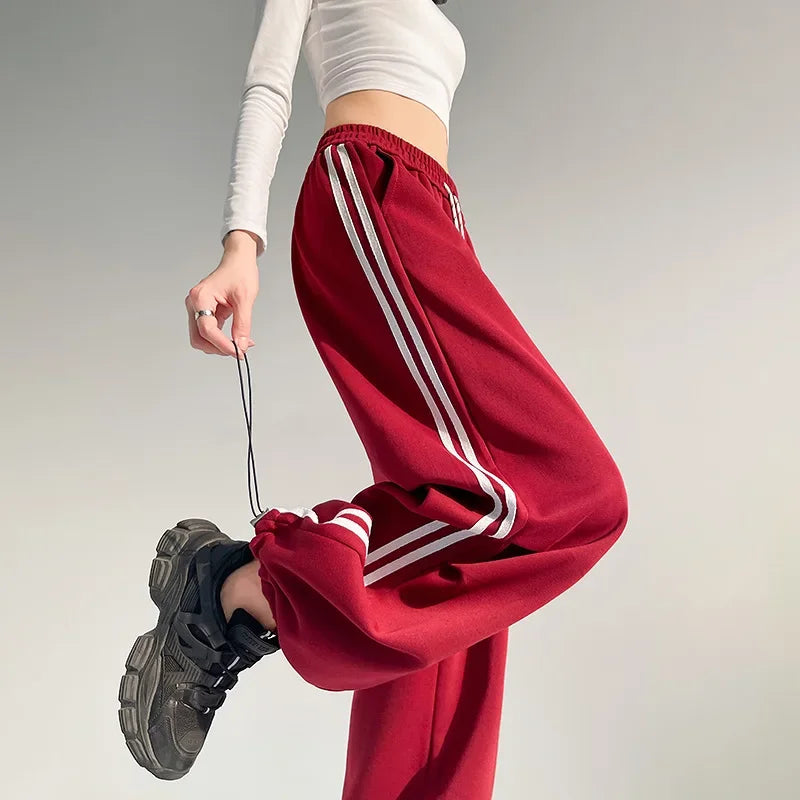 New 2025 American Stripe Sports Pants Women's Spring Autumn Wide Leg Loose Jazz Dance Casual Parachute Long Trousers