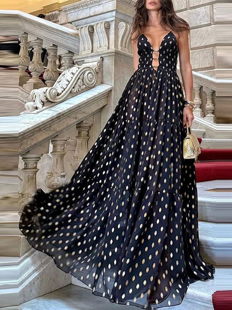 Retro Polk Dot Long Dress With Ribbon Women Sexy Low Cut Sleeveless Pleated Slim Evening Dresses Female Spring Chic Street Party