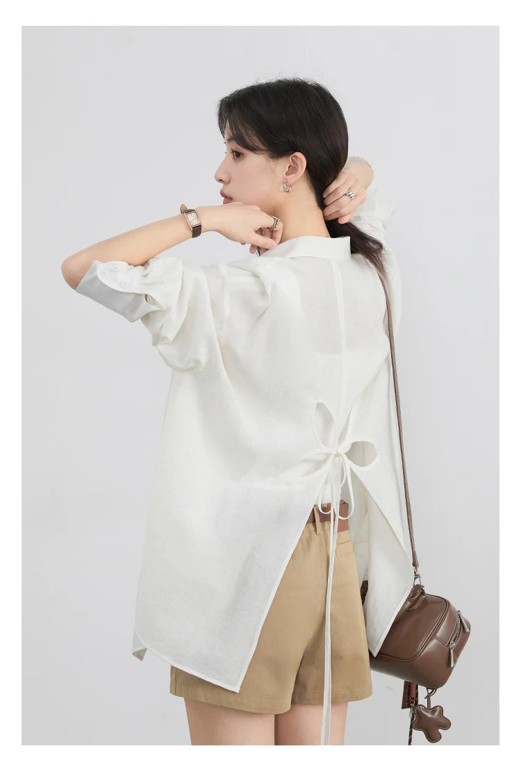 CHIC VEN Women Long Sleeve Shirts Solid Loose Casual New Style Design Back Hollow Out Shirt Female Blouse Spring Summer 2025