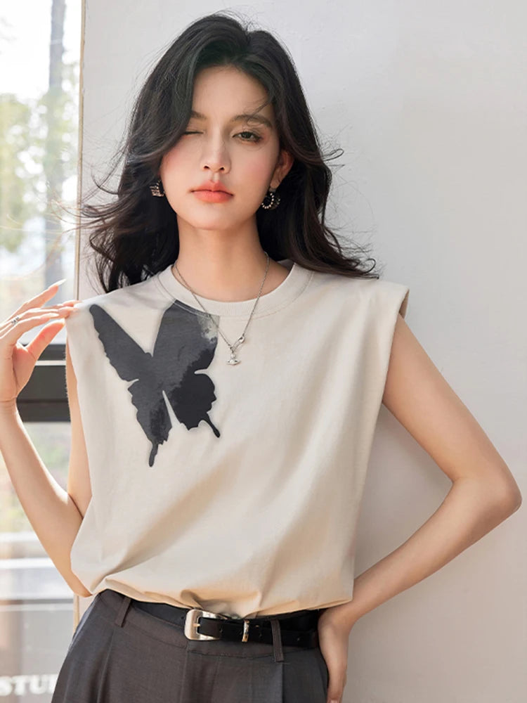 Butterfly Print T Shirt Y2k Harajuku High Street Fashion Casual Women T-shirt Summer New Sleeveless Top Tees Clothes
