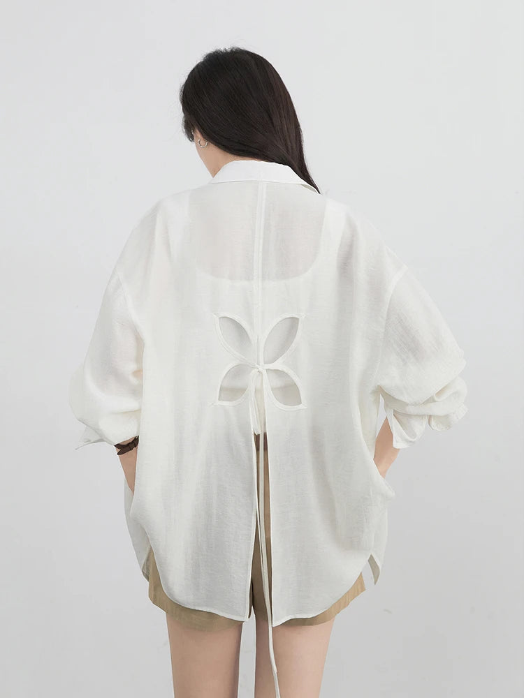 CHIC VEN Women Long Sleeve Shirts Solid Loose Casual New Style Design Back Hollow Out Shirt Female Blouse Spring Summer 2025