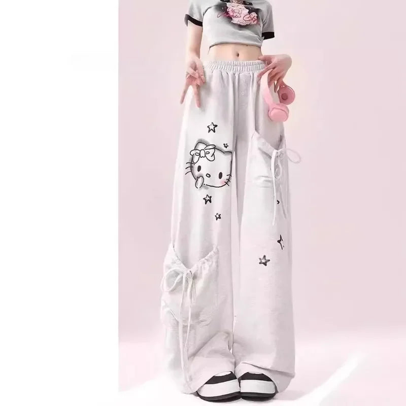 Big Pockets Hello Kitty Y2k Baggy Pants Kawaii sanrio Graffiti Wide Leg Trousers Oversize Sports Streetwear Sweatpants For Women