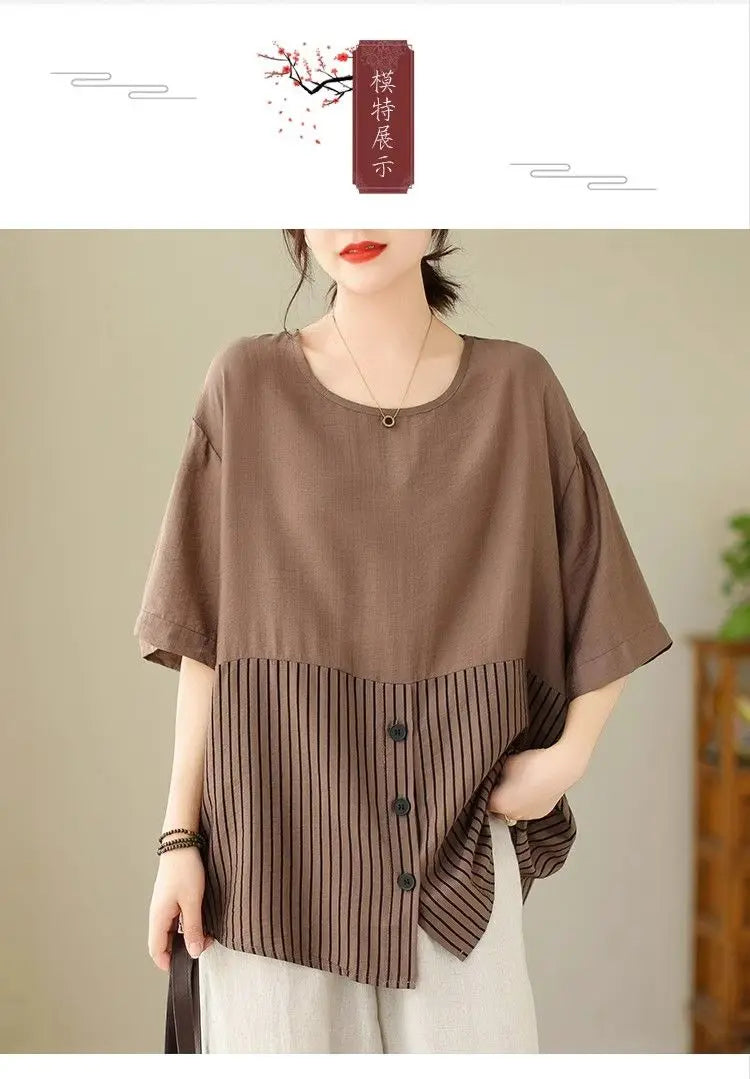 Summer New Plus Size Women's Fashion Striped Patchwork Tops Tees Youth Short Sleeve Loose Vintage T Shirts Casual Trend Clothing