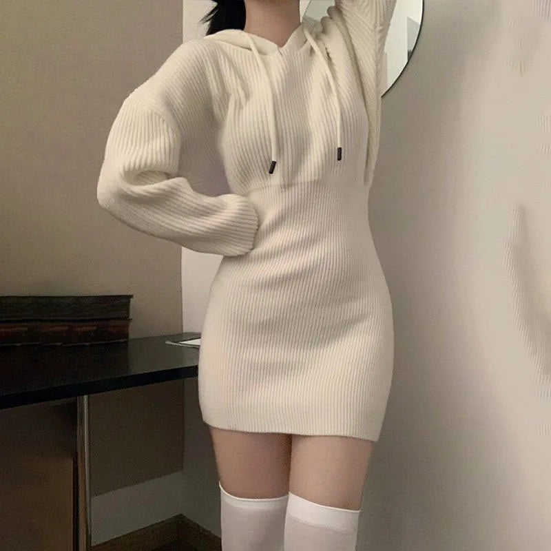Sexy White Thicken Knit Mini Dress Woman Korean Elastic High Waist Bandage Dresses Women Hooded Outwear Long Sleeve Slim Dress
