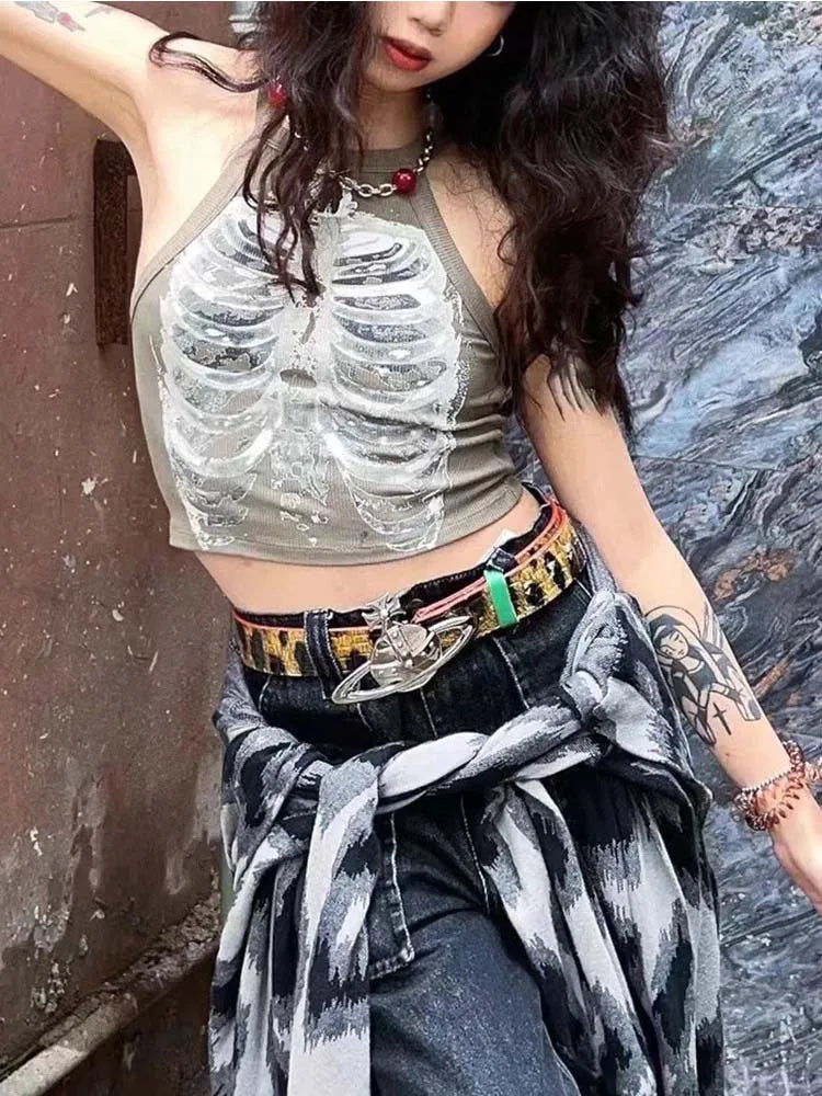 Punk Aesthetic Cyber Retro X-ray Skeleton Print Rib Sleeveless Vest ArmyGreen Crop Top Designer Clothes Women 2023 Summer Emo
