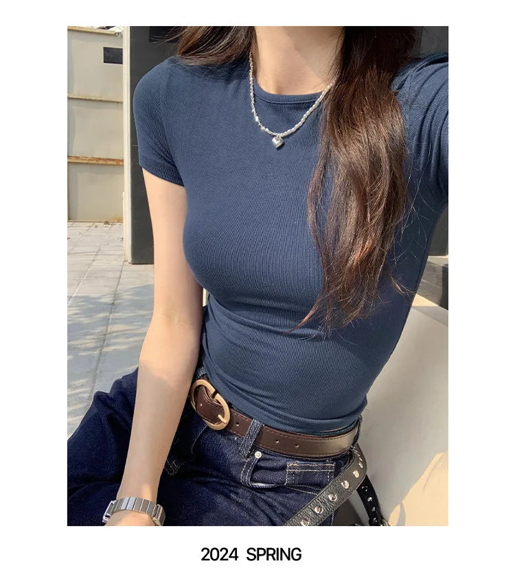 Basic Solid Crop Top Short Sleeve Crewneck Skinny T-shirt Summer Casual Tee for Women y2k Vintage Top Harajuku Streetwear