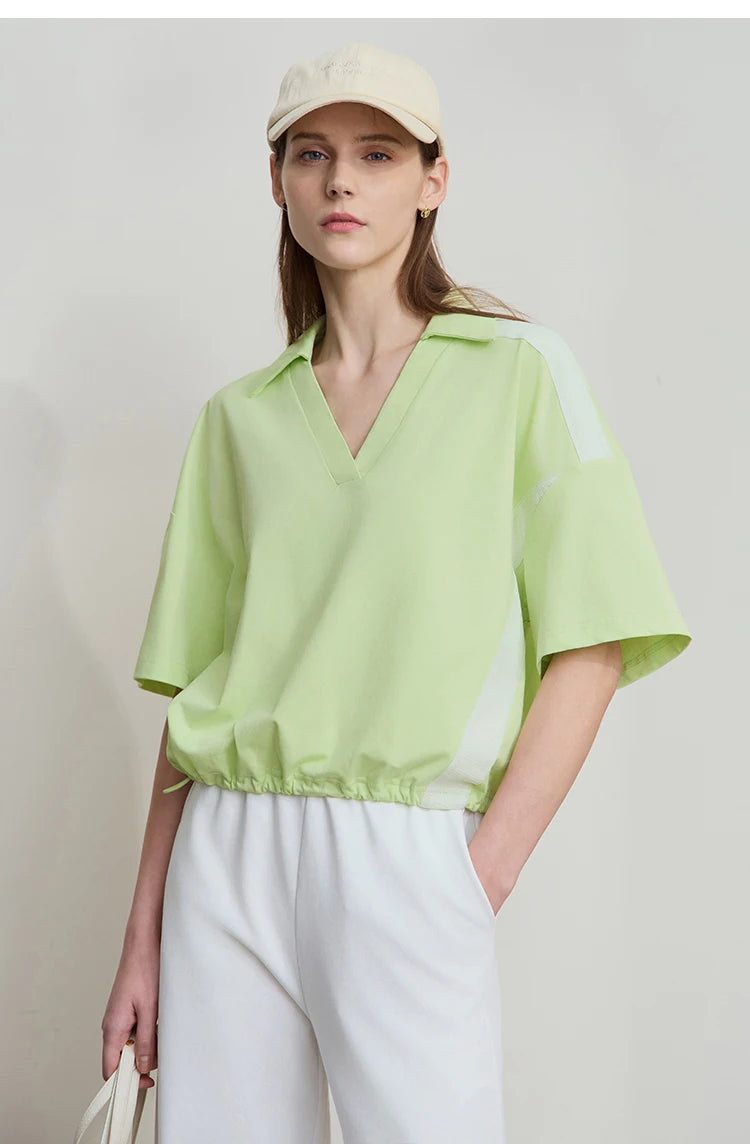 Amii Minimalist Cotton T-Shirts For Women 2025 Summer New V-Neck Pullover Loose Short Shoulder Sleeve Chic Commute Tops 12552001