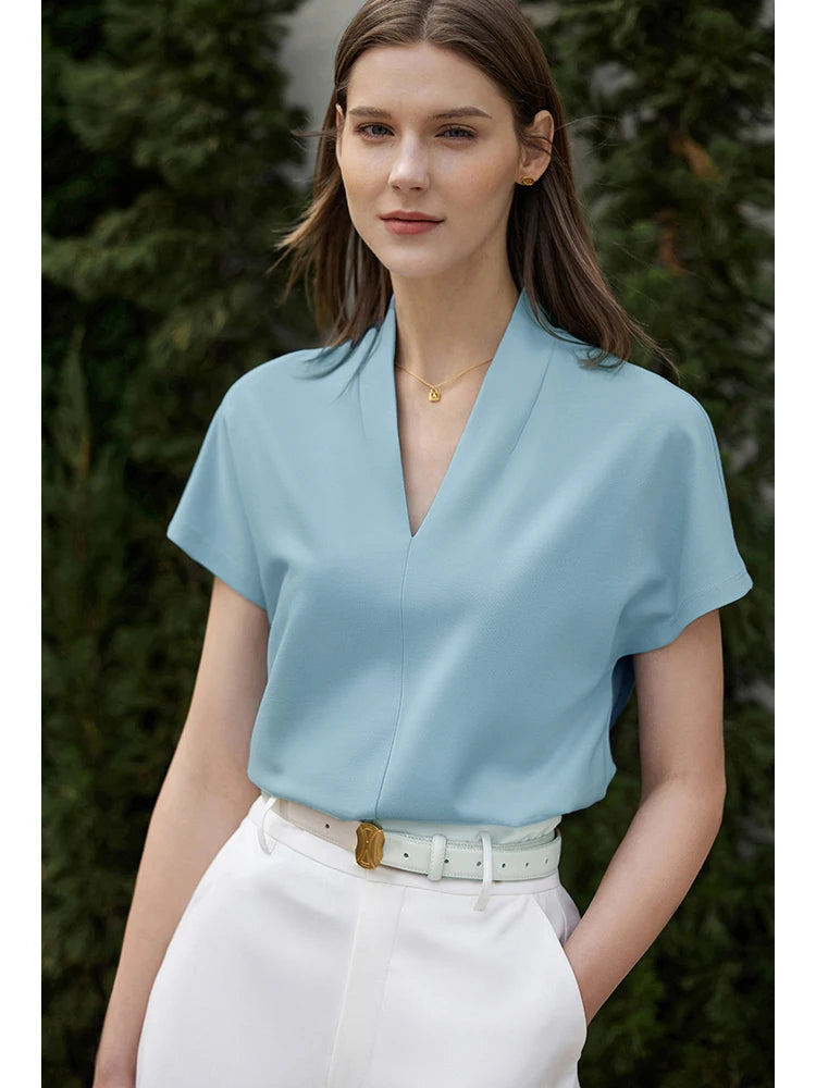 AMII Minimalism 2023 Summer Women's T-shirt Classic Style Casual V-neck Short Sleeve Solid Stretch Female Tops & Tees 12312013