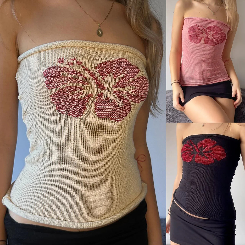 Sexy Hot Girl Tank Top Women Clothes Street Fashion Vintage Sleeveless Print Y2k Tops Knitted Tube Top Womens Tops