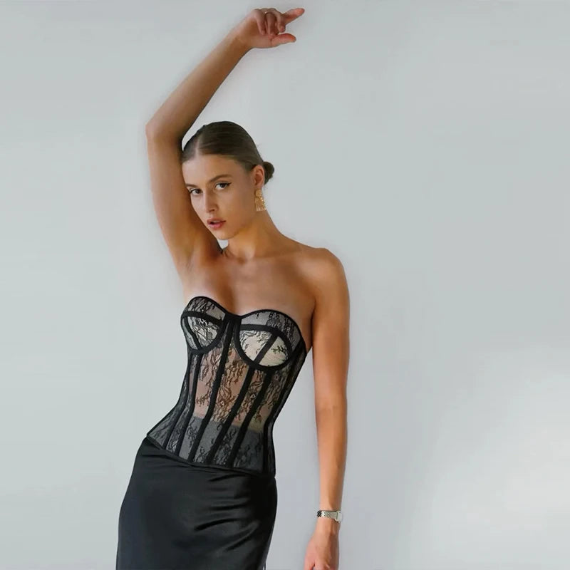 Steel Bone Korset Woman Hollow Out Strapless Lace Bra Bustier Top Mesh Women Lingerie Black White Biege Corset