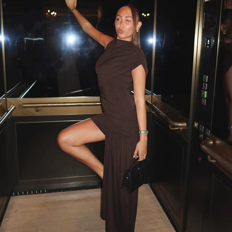 Mozision Irregular Draped Ruched Sexy Mini Dress For Women Elegant Turtleneck Sleeveless High Waist Pleated Club Party Dress