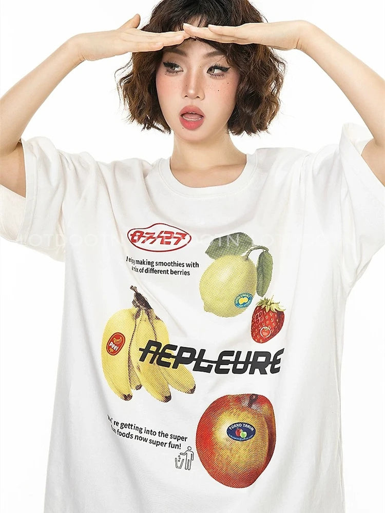 LOTDOOTN Retro American Fun Fruit Print White Short Sleeve Women T-shirts Summer Loose Pure Cotton Half Sleeve Trendy Streetwear
