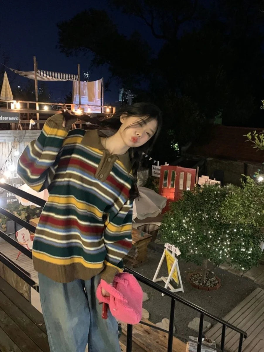 Retro Lazy Sle Women's  Ne Sweater Spring Autumn Loose  Stripes Knitted Top Comfortable Breathable Warmth