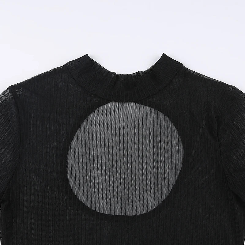 SUCHCUTE Sexy See Though Women T-shirts Gothic Mesh Black Long Sleeve Skinny Bodysuit Dark Fashion Hollow Out Backless Playsuit