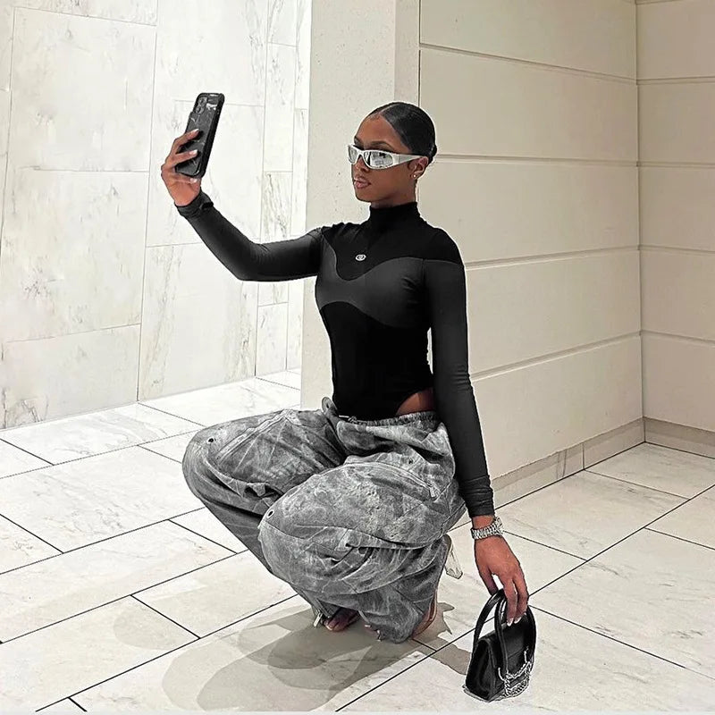 Long Sleeve Bodycon Lenceria Femenina Turtleneck Lingerie Sexy Body Feminino Black Tops Women PU Patchwork One-Pieces Bodysuit