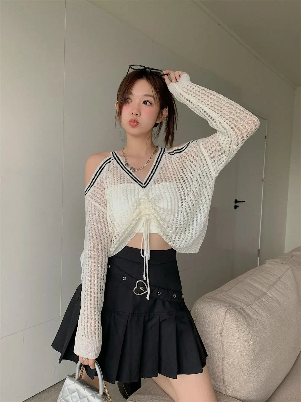Off Shoulder Hollow Out Shirts Blouses Elegant and Youth Woman Blouse Drawstring Knitted V Neck Tops Vintage Y2k 2022 Fashion