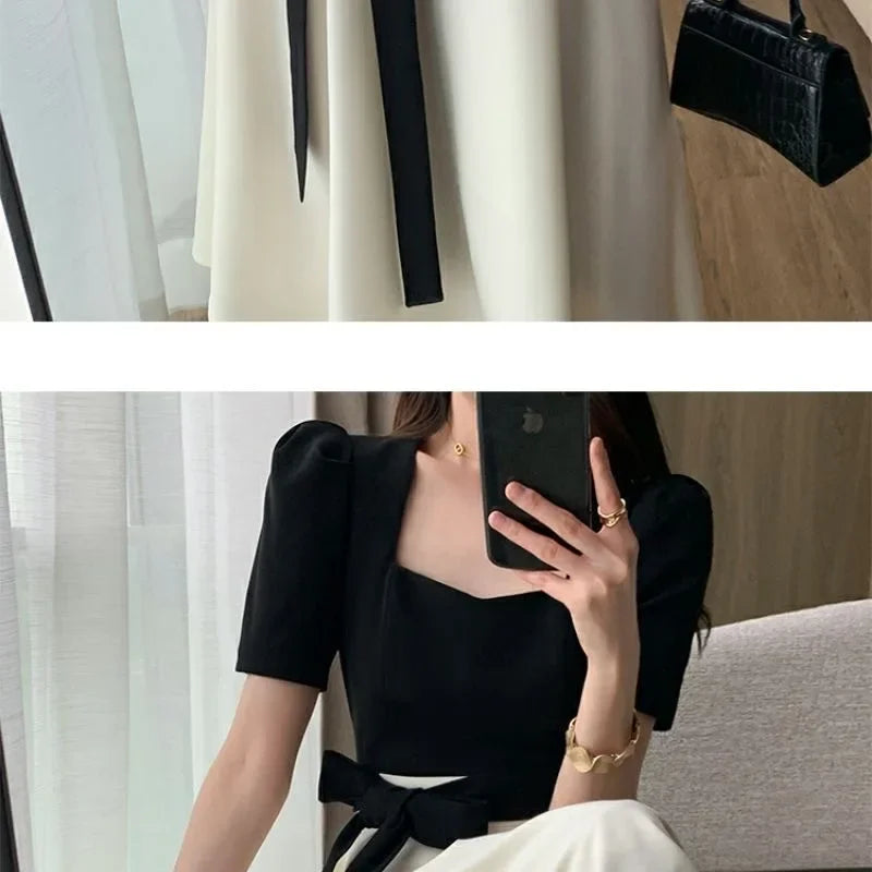 Elegant High-waisted Slimming Black Square Collar Long Dress 2024 New Style Vintage French Fashion For Women