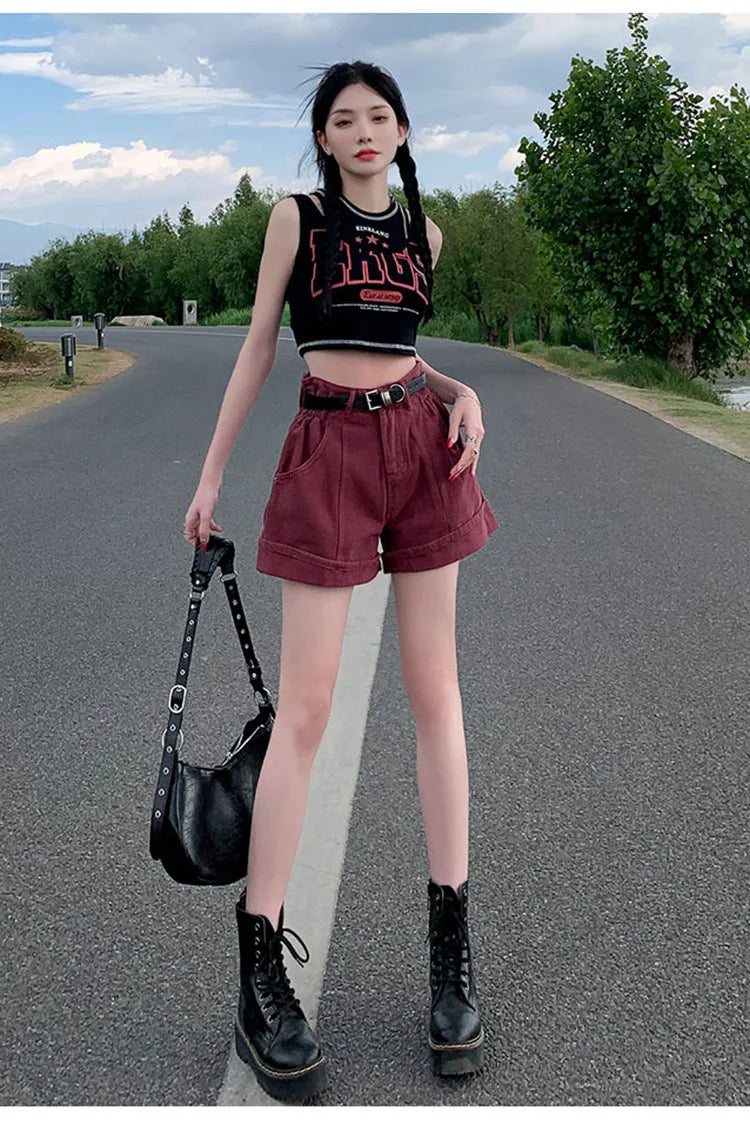Women's Wine Red Denim Shorts High Waist Wide Shorts Harajuku Streetwear Korean Style Y2k Casual Blue A Line Jean Shorts Summer