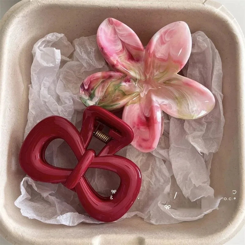 2Pcs/set Vintage Blue Polka Dot Red Bow Hair Clip Shark Claw Clamp Hairpin Barrette Korean Hair Headwear Accessory For Women