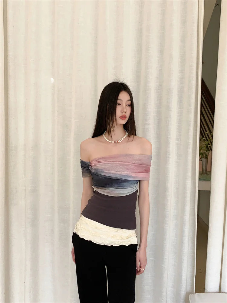 CHEERART Tie Dye Off The Shoulder Mesh Top For Women One Shoulder Designer Crop Top Fashion T Shirt Summer 2025 Clothing