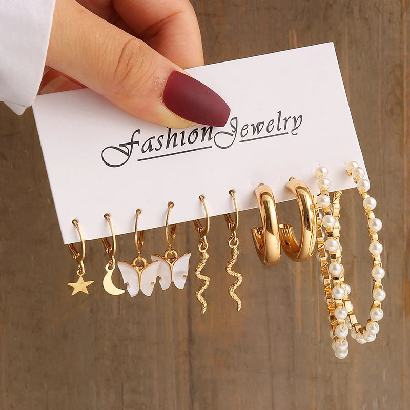 Gold Color Vintage Geometry Pearl Earrings Set Metal Twine Square Dangle Earrings Round for Women Simple Trendy Party Jewelry