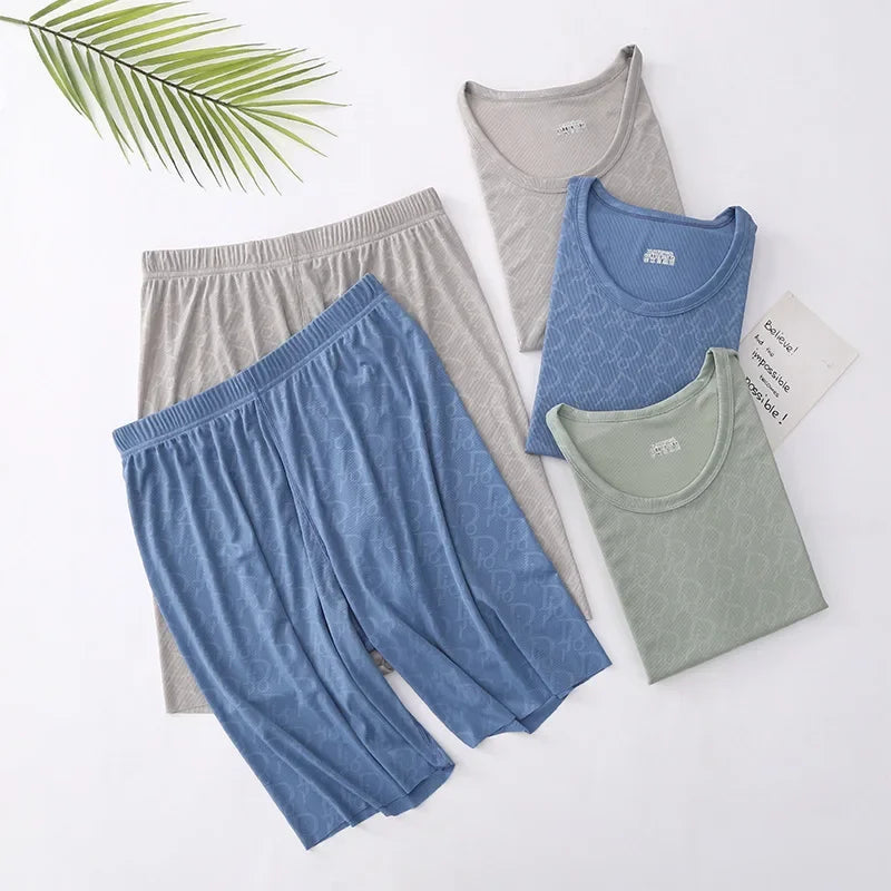 Summer Men's Ice Silk Pajamas Short Sleeves Printed Suit Home Clothes Five-Minute Pants Lightweight Comfortable Sleepwear