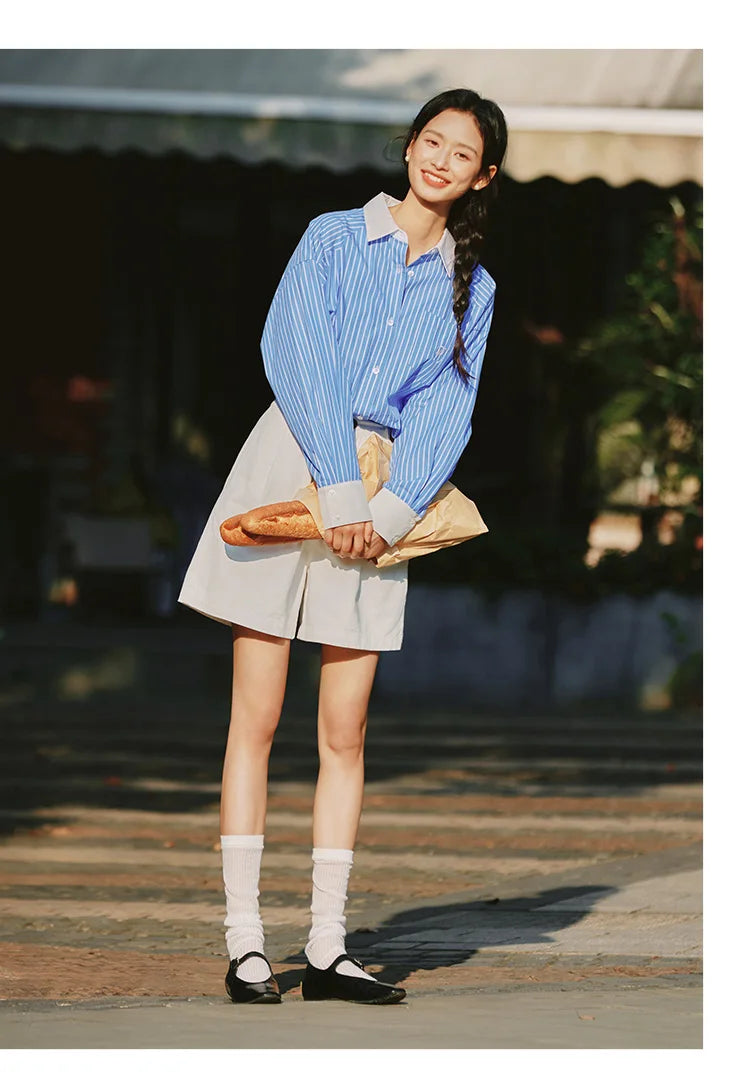 Semir Long Sleeve Shirt Women Mid-long Style Striped Pure Cotton 2025 New Spring Embroidery Oversize Blouse for Commuting