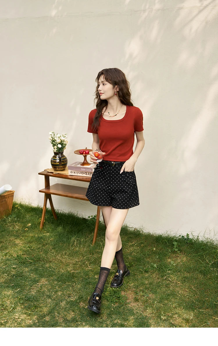 MISHOW Short Sleeve T-shirts Women Spring Solid Square-neck Top Elegant Woman Clothes Office Lady Cotton Tees MXC12T0641