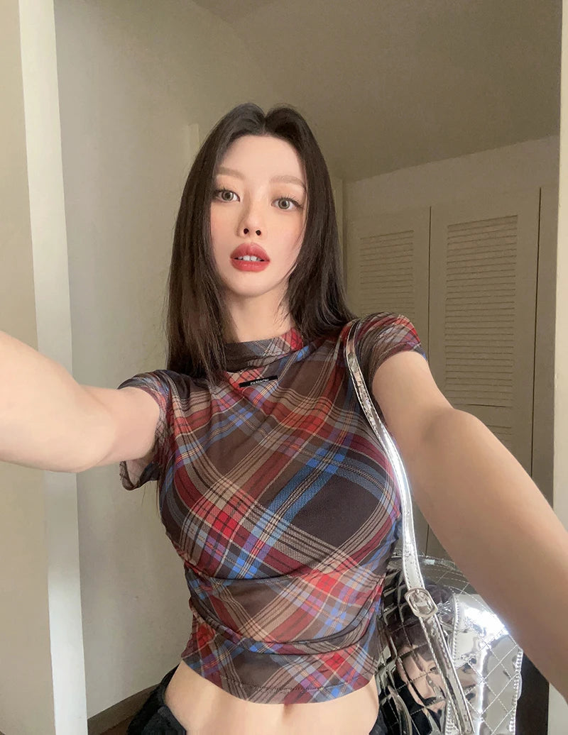 Genayooa Y2k Vintage Mesh Tops Short Sleeve See Through Plaid T Shirt Women Streetwear 2000s Japanese Fariycore Tee Tops Summer