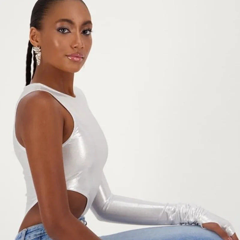 Shoulder Pads Metallic Asymmetrical Sexy Bodysuit Casual Playsuit Soild Splicing Lady Jumpsuit Slim Fit O-Neck Streetwear Tops