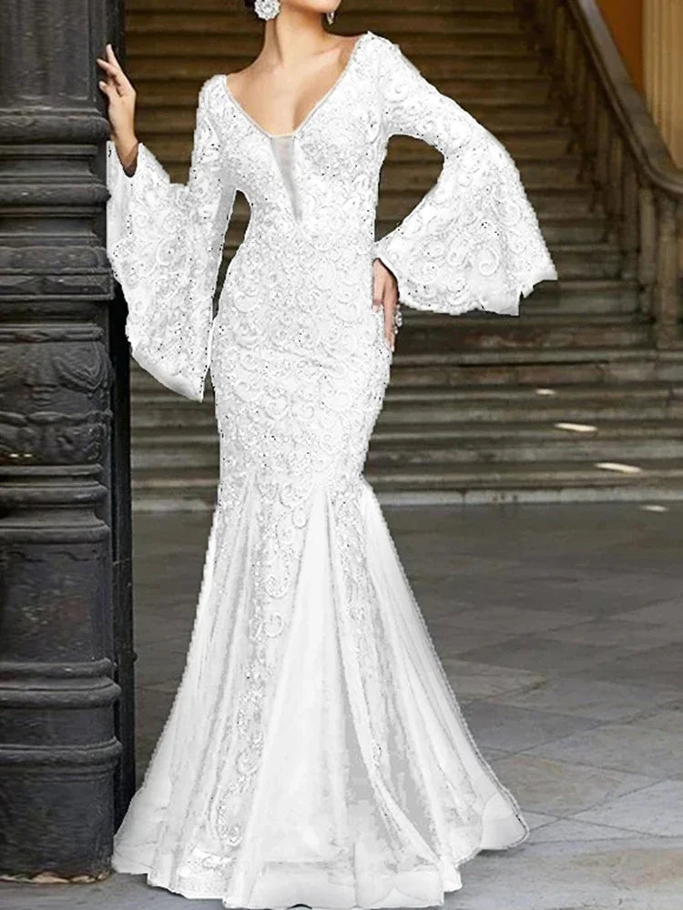 Rafiah Boutique Women's Even Dress 2025 Summer Sophisticated Glamorous Long Dress Long Sleeve V-Neck Wedding Mermaid Hem