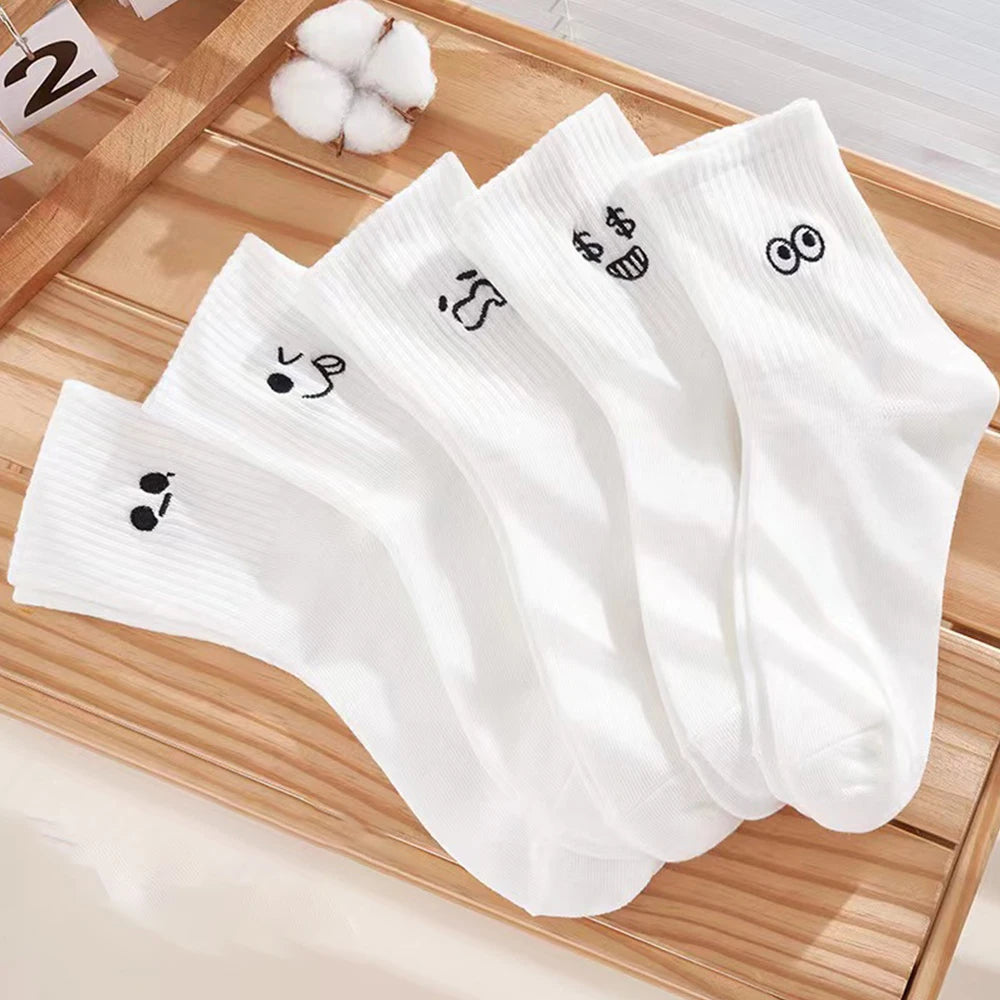 5/10 Pairs Women White Cartoon Socks Trendy Versatile Expression Socks Simple Design Soft Breathable Comfortable Casual Socks