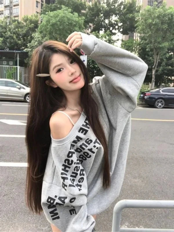 Shoulder Bared Vintage Print Letter Long Sleeve Sweatshirt Women's Autumn New Style Small Audience Oblique Shoulder Irregular Lo