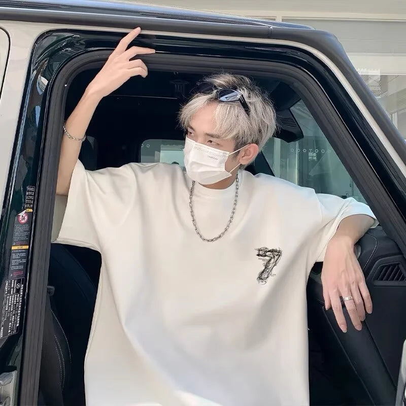 2025 Summer Goth Seven Printed Short Sleeve Tshirt Men's Hip Hop Fashion Cotton Oversized T-shirts High Street Y2K Tee Tops