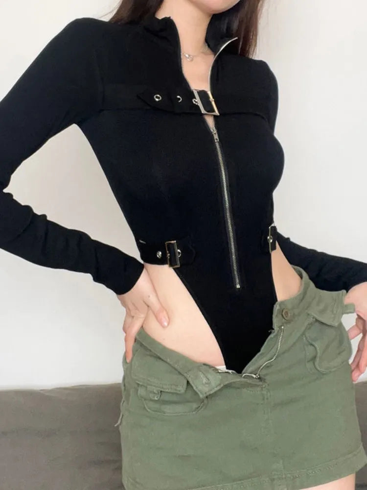 Punk Motorcycle-style Metal Button Zipper Jumpsuit Women Sports Bodycon Streetwear Y2k Retro Long Sleeve Cardigan Tops Bodysuits