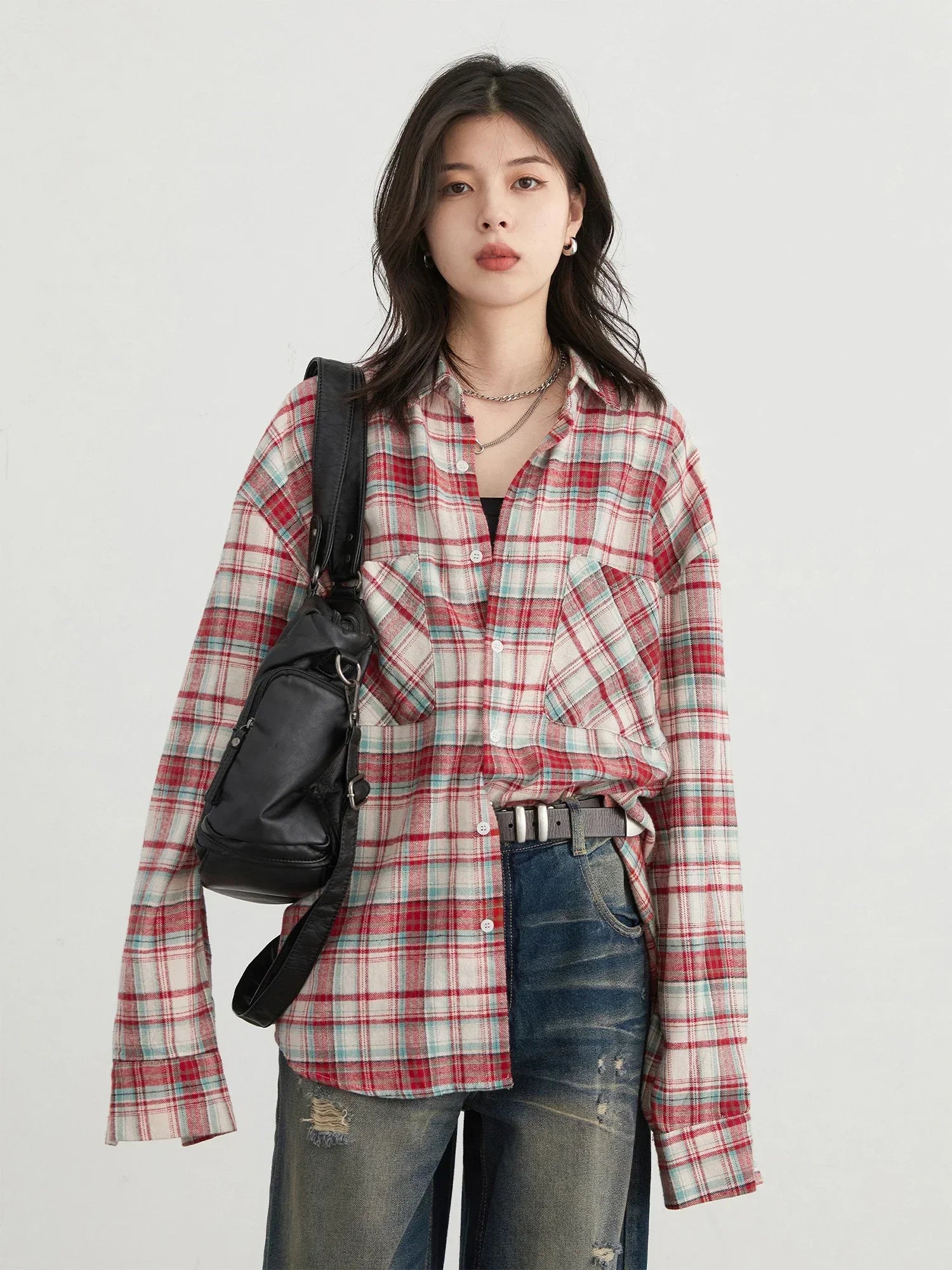 CHIC VEN Women's Cotton Shirt Single Breasted Loose New Retro Color Blocked Grid Female Blouses Autumn Spring 2024