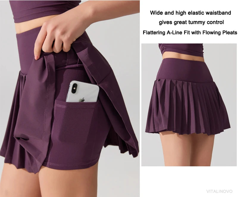 VITALINOVO Pleated Tennis Skirt for Women with Pocket Shorts Women's High Waisted Lightweight Athletic Golf Skorts Skirts Flowy