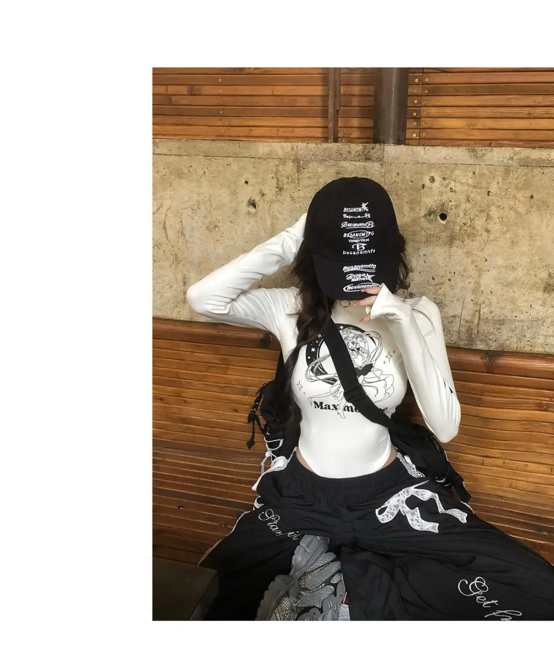 Dophee Original Spice Girls Elastic Waist All-match Loose Straight Wide Leg Pants Cute Bow Printed Splicing Lace Casual Trousers