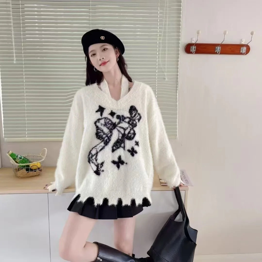 Winter American New Green Bow Neck Sweater Women Loose Print Pattern Vintage High Street Lazy Wind Knitted Sweater