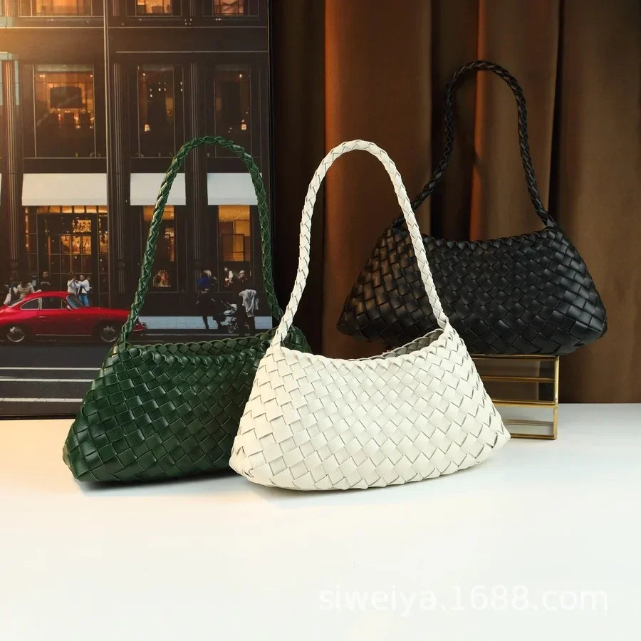 Handcrafted Woven Shoulder Crossbody Bag Simple Casual Ladies Handbag Underarm Bag Fashion Crescent Soft PU Leather Handbag