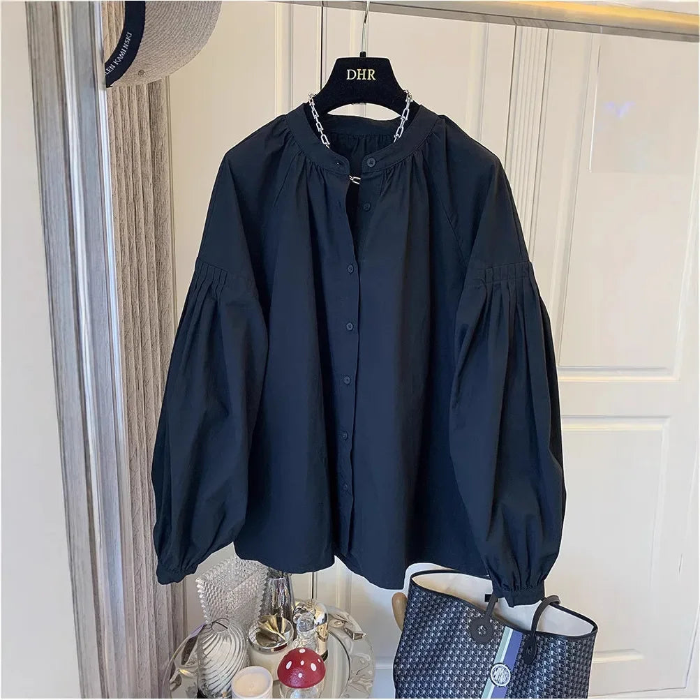Korean Chic Stand Collar Lantern Sleeve Shirt Casual Loose Design Lazy Shirt Folded Women's Button up Cotton Blend Shirt