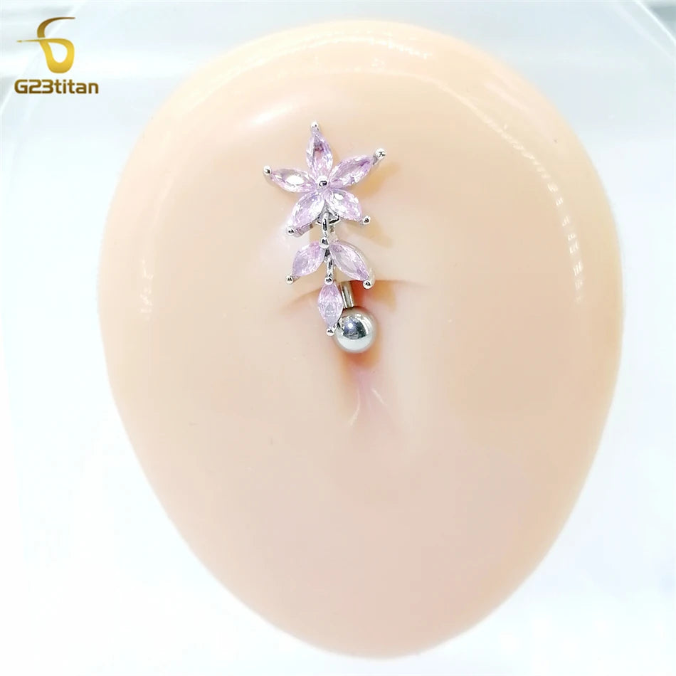 G23titan Pink Zircon Flower Belly Button Ring for Women 14G 6-16mm Titanium Curved Barbell Reverse Nave Bar Crystal Body Jewelry