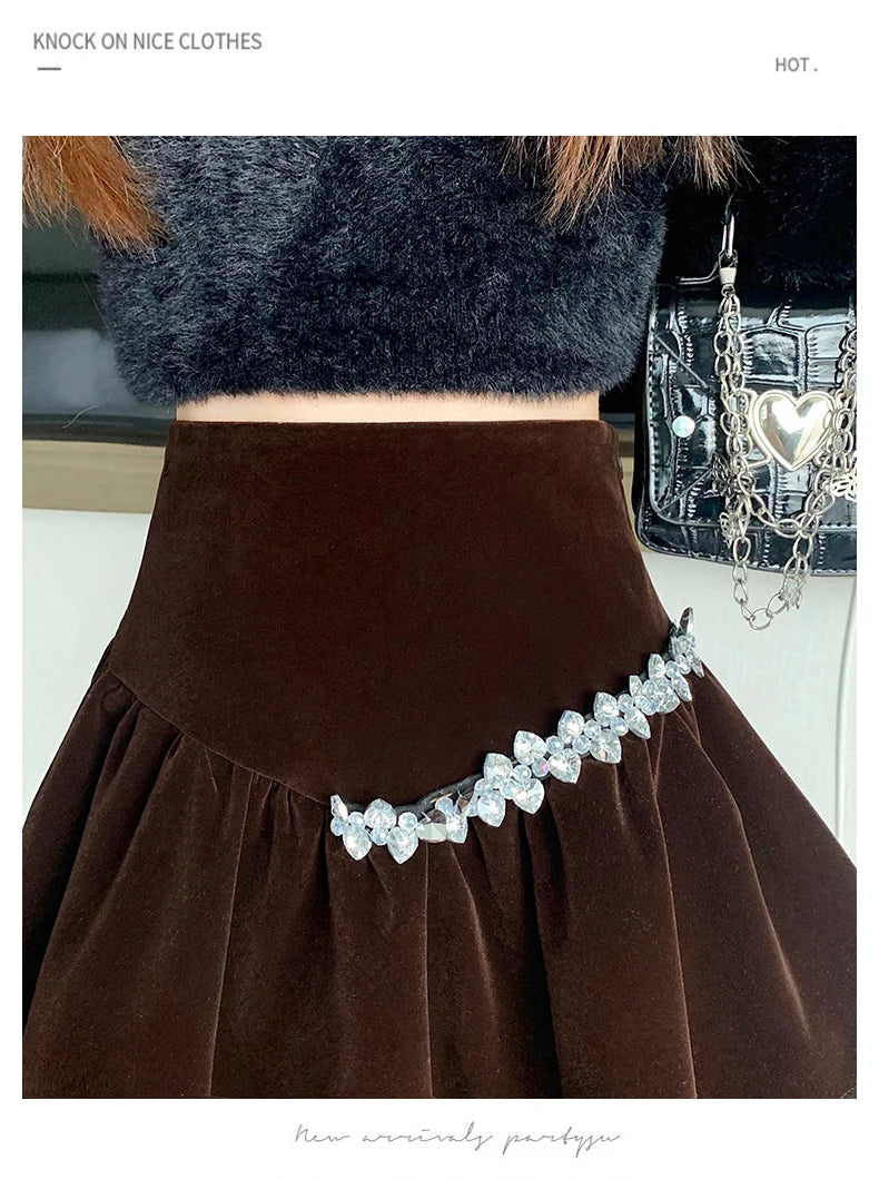 Bla Velvet Cake f Skirt Women's Autumn Winter High Waist A-Line Fluffy ort Skirt Small Size Pleated f Skirt