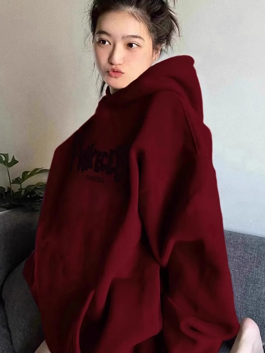 Burgundy Retro Sweatshirt Women's American Lazy Style Autumn and Winter oversize Design Spring Hooded Niche Jacket