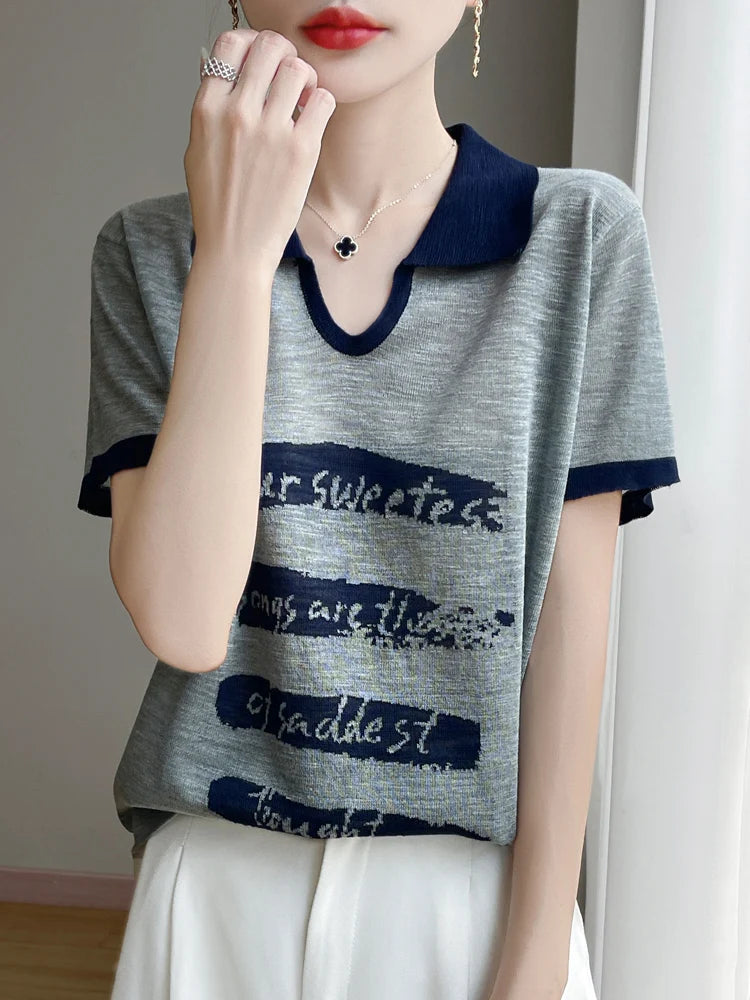 2025 New Large Size Summer Short Sleeve Scissor Collar T-Shirt Women High Grade T-Shirt Fashion Comfortable Leisure T-Shirt Tops