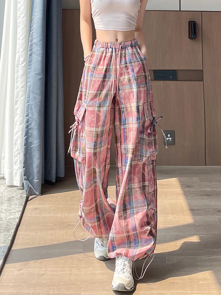 Zoki Women Streetwear Plaid Cargo Pant Vintage Loose High Waist Pockets Trousers Y2K American Casual Hip Hop Lace Up Bf Pants
