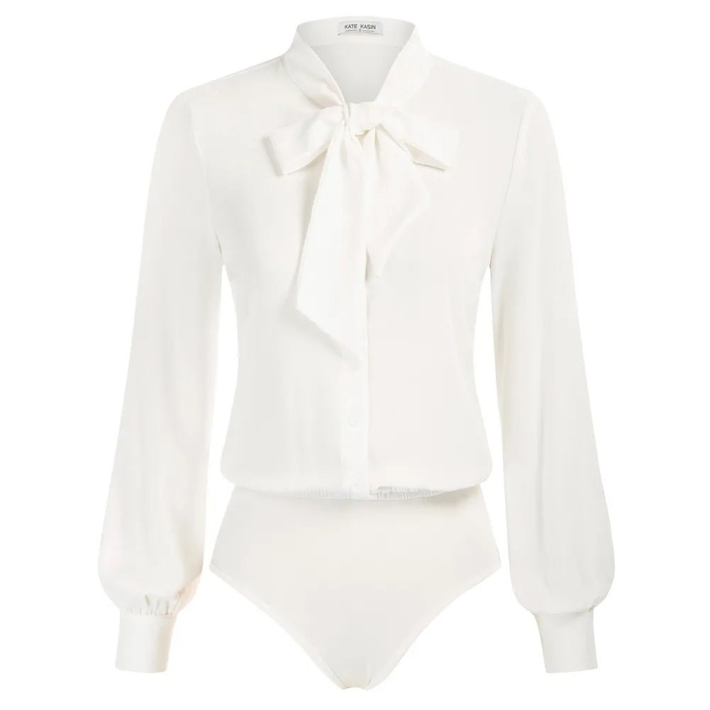 KK Women Bow-Knot Bodysuit Long Sleeve Elastic Waist Shirt Teddy Autumn And Winter Solid Streetwear Office Lady Elegant Jumpsuit