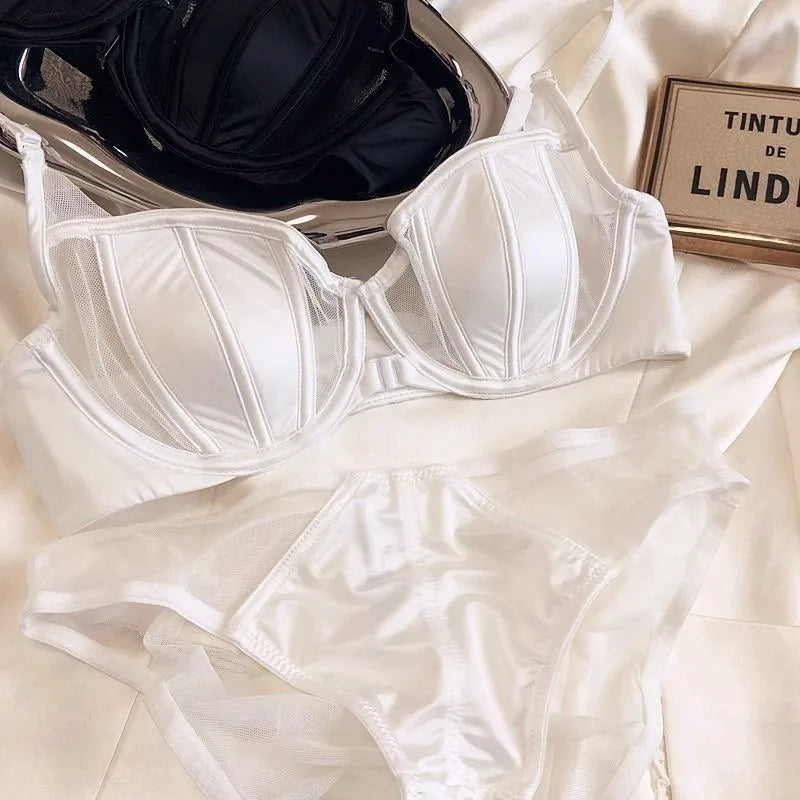 Women Bra and Panty Set Satin Silk Gather Push Up Lingerie Mesh Push Up Front Button Bra Adjustable Strap Thin Cup Underwear